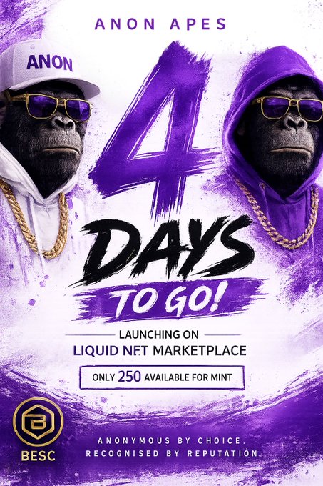 'ANON APES 4 DAYS TO GO!' promotional poster showing two gorilla avatars in purple attire, announcing a launch on Liquid NFT Marketplace with 'ONLY 250 AVAILABLE FOR MINT' from BESC.