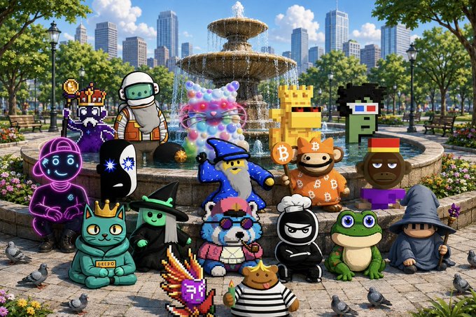 A colorful 3D-rendered scene shows various cartoonish NFT characters, including wizards, animals, and pixel-art figures, gathered around a stone fountain in a city park.
