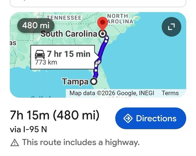 A Google Maps screenshot displaying a driving route from Tampa to South Carolina, showing a distance of 480 mi and an estimated time of 7h 15m via I-95 N.