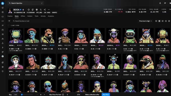 A screenshot of an NFT marketplace (looks like OpenSea) showing a collection called 'BOOA' with 2,889 items, displaying pixel-art character avatars with various prices in ETH.