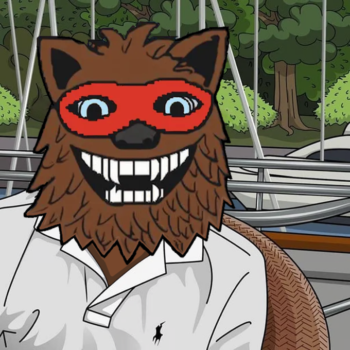 A cartoon illustration of a brown wolf-like character with a wide toothy grin, wearing a red domino mask and a white polo shirt, standing on a boat.