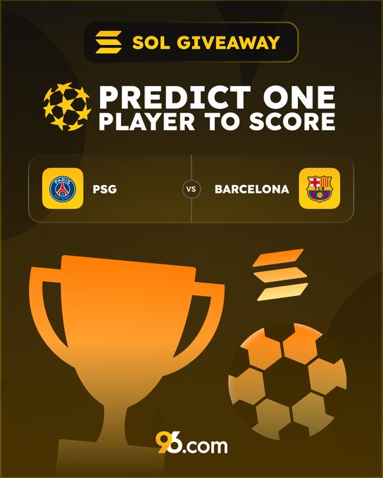 A Solana giveaway graphic asks “PREDICT ONE PLAYER TO SCORE” for PSG vs Barcelona, with PSG and Barcelona crests displayed. The post promotes a 1 SOL prize for guessing the scorer, tagging a friend, and commenting a pick, with the winner announced tomorrow.