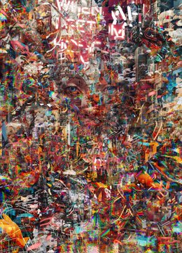A chaotic abstract painting features dense layers of colorful drips, splatters, and graffiti-like marks.