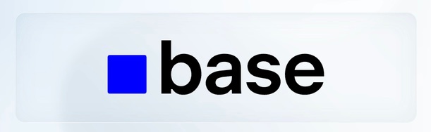 A white rectangular card displays the Coinbase logo, featuring a blue square icon next to the word 'base' in black lowercase text.
