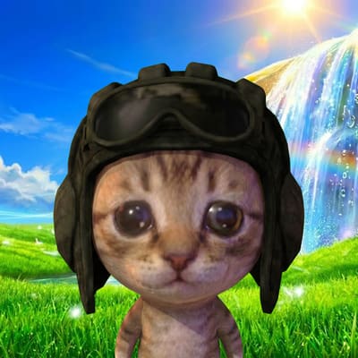 A cute kitten wearing an oversized black aviator pilot helmet with goggles sits in a vibrant green field with a waterfall and bright blue sky in the background.