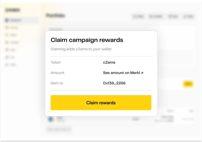 A 'Claim campaign rewards' pop-up window showing cZama tokens being sent to wallet address 0xf39_2266, with a yellow 'Claim rewards' button.
