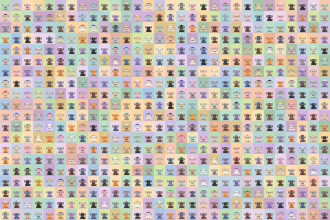 A colorful grid displays hundreds of small pixel-art character sprites arranged in rows and columns on pastel-colored backgrounds.