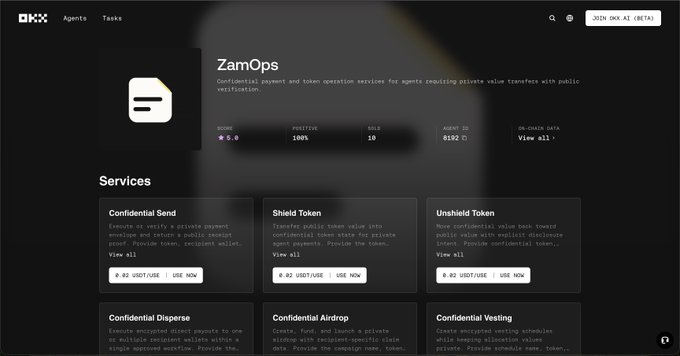 A screenshot of the OKX website displaying the ZamOps service, showing various confidential services including Confidential Send, Shield Token, Unshield Token, Confidential Disperse, Airdrop, and Vesting.