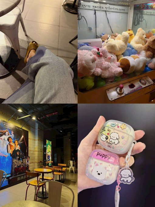A four-panel collage showing: someone's feet in sandals under a table, a claw machine filled with plush toys including Hello Kitty, an empty cafe with round tables and chairs, and a hand holding a pink AirPods case with 'puppy' label and dog charms.