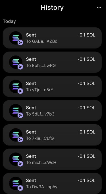 A mobile phone screenshot displays a transaction history titled "History" with multiple "Sent" entries of "-0.1 SOL" each, addressed to various shortened wallet addresses like GABe...AZBd, Ephi...LwRG, and yTje...e5rY, under the "Today" heading, which appears to be used as proof of the cryptocurrency transactions referenced in the accompanying post claiming to have sent money to multiple Twitter users.