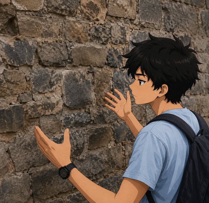 An anime-style illustration depicts a young man with black hair, wearing a light blue shirt and backpack, pressing his hands against a textured stone wall.