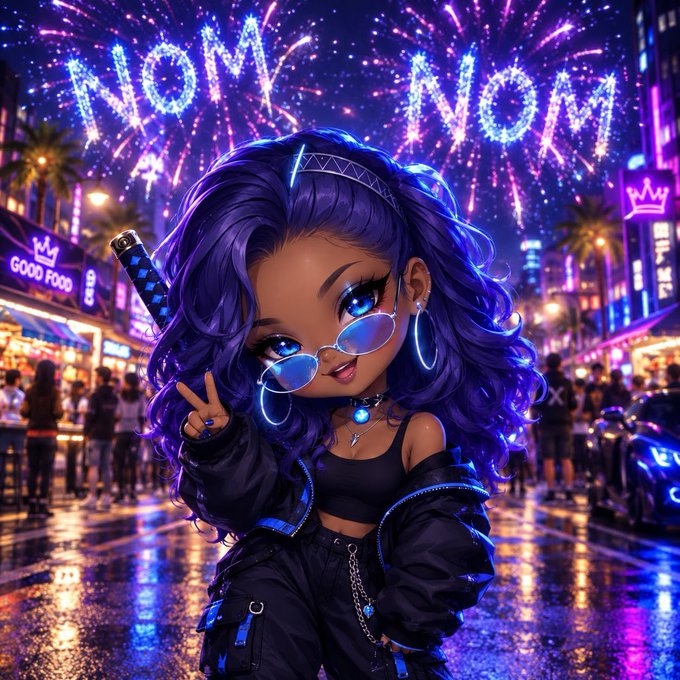 A vibrant anime-style digital illustration of a girl with purple hair, sunglasses, and a black jacket, posing in front of fireworks and neon signs reading 'NOM NOM'.