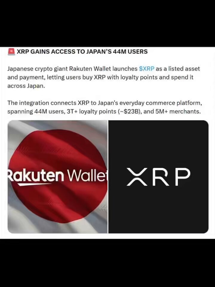 The image features two logos - one for RAKUTEN Wallet and another for Ripple Cryptocurrency. The text of the image states that RAKUTEN Wallet gives XRP a real commerce lane, not just more attention. This implies that RAKUTEN Wallet is promoting or supporting Ripple Cryptocurrency in some way.