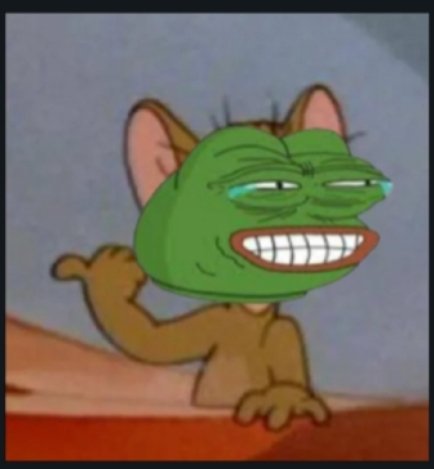 A cartoon mouse character with a green face and wide, exaggerated grin, with tears in its eyes, looking towards the right side of the frame.