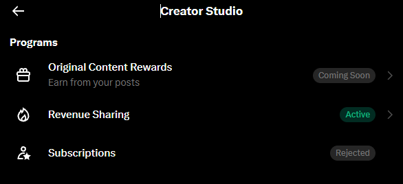 A Creator Studio interface displays programs including Original Content Rewards (Coming Soon), Revenue Sharing (Active), and Subscriptions (Rejected).