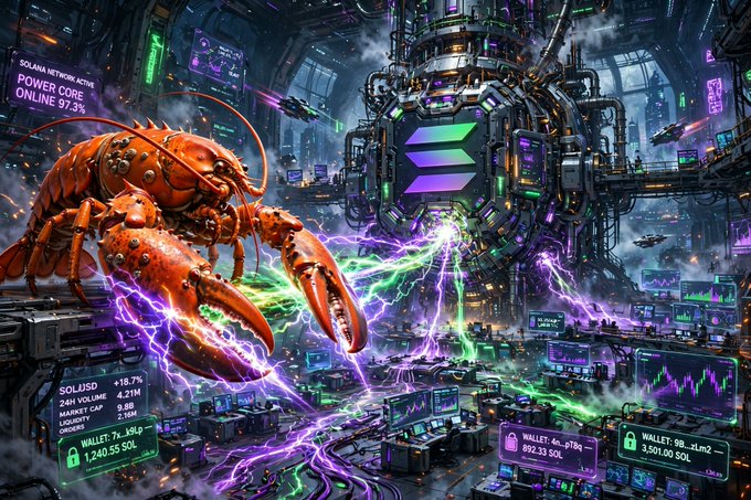 A vibrant digital artwork depicting a giant orange lobster wielding purple lightning in a cyberpunk cityscape with Solana network statistics, showing SOL/USD prices and wallet balances.