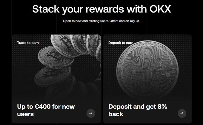 The image is a promotional banner from OKX titled "Stack your rewards with OKX," advertising two offers ending July 31: "Up to €400 for new users" under "Trade to earn" and "Deposit and get 8% back" under "Deposit to earn." It visually reinforces the post's message about OKX's 8% deposit bonus and limited-time availability, highlighting the exchange's reward opportunities for new and existing users.