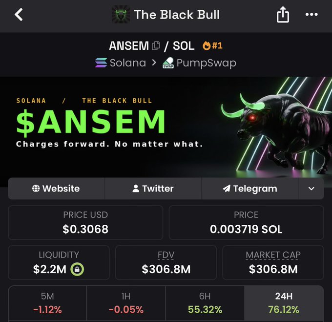 A cryptocurrency tracking interface displays the $ANSEM token on the Solana blockchain via PumpSwap, showing a price of $0.3068 USD (0.003719 SOL) with a market cap of $306.8M and a 24-hour gain of 76.12%. The image supports the post's hype that "$ANSEM is about to flip PumpFun," as evidenced by its strong recent performance and substantial FDV.