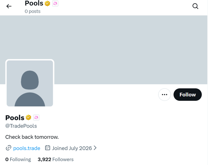 The image shows the X (Twitter) profile page for "Pools" (@TradePools), which has 0 posts, 0 following, and 3,922 followers, joined in July 2026 with the bio "Check back tomorrow." The account's lack of activity despite the approaching product launch mentioned in the post adds intrigue to the upcoming reveal, which is tied to $FRONG and Uniswap-related speculation about Pools' mascot.