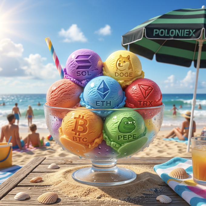 A vibrant 3D illustration of a glass bowl filled with colorful ice cream scoops representing cryptocurrencies (BTC, SOL, DOGE, ETH, TRX, PEPE) on a sunny beach, with a Poloniex-branded umbrella.