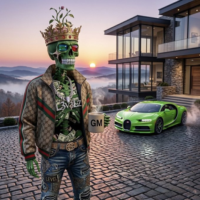 An AI-generated image depicts a skeletal figure wearing a Gucci jacket, crown, and sunglasses, holding a 'GM' mug, with a green Bugatti and modern mansion in the background.