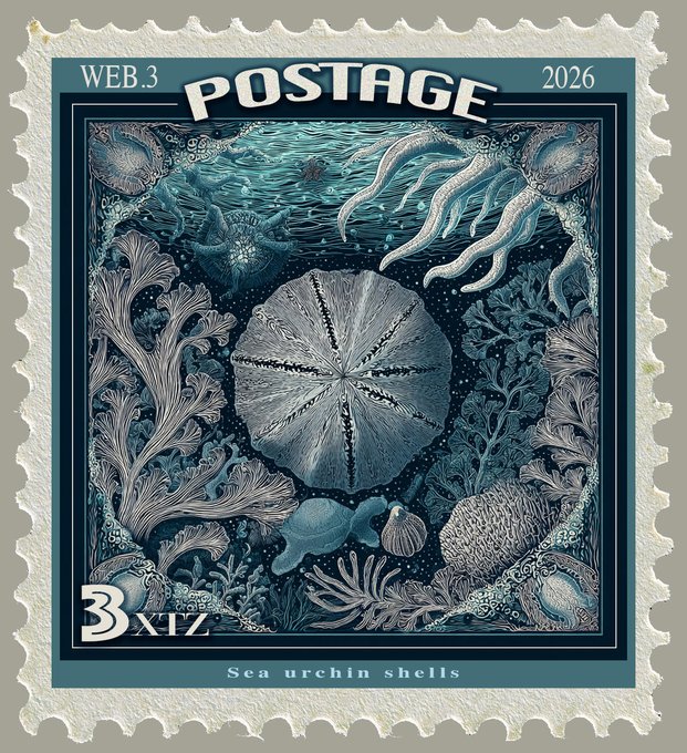 A decorative postage stamp labeled "WEB.3 POSTAGE 2026" with a value of "3 XTZ," featuring an intricate illustration of sea urchin shells surrounded by marine life.
