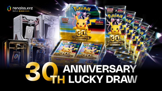 The image promotes a "30TH ANNIVERSARY LUCKY DRAW" by renaiiss.xyz ("Built on BNB Chain"), featuring Pokémon 30th Anniversary merchandise including booster packs, acrylic stands of Pikachu and other Pokémon characters, alongside the site's branding and the large "30TH ANNIVERSARY LUCKY DRAW" headline. The visual ties directly to the post's announcement of a 7-day promotional event offering Pokémon collectors an extra chance to win prizes with every pack pull.