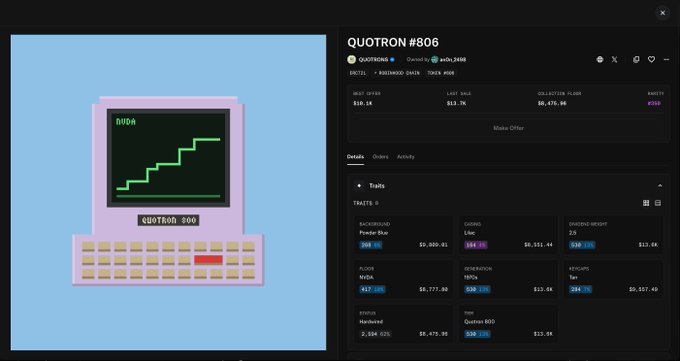 A screenshot of an NFT collection called 'QUOTRON #806' featuring a pixel art computer with a green step chart, with OpenSea trade details showing a last sale of 0.12 ETH and a best offer of 0.10 ETH.