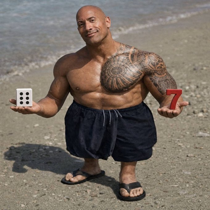 A muscular, tattooed man (resembling Dwayne "The Rock" Johnson) stands on a beach holding a die showing 6 pips in one hand and a red "7" in the other, humorously illustrating the rolling of dice to determine contest winners as announced in the accompanying post about distributing rewards and commemorative NFTs to contest winners.