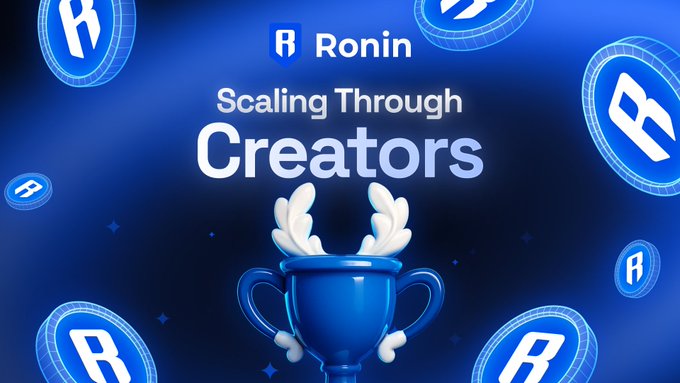 A promotional graphic for 'Ronin' titled 'Scaling Through Creators' displays a blue trophy and the Ronin 'R' logo on a dark blue background.