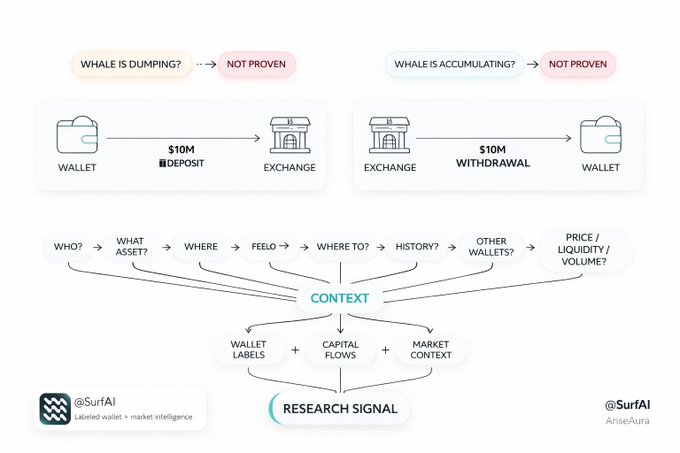 Infographic by @SurfAI explaining how wallet labels, capital flows, and market context combine to produce a research signal.