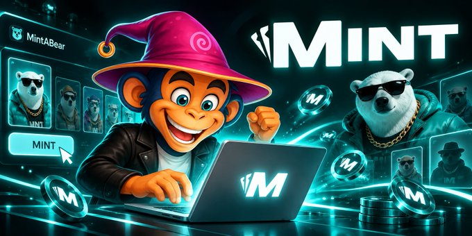 A colorful digital illustration features a smiling monkey wearing a pink wizard hat and a white bear with sunglasses, alongside the word 'MINT', a 'MintABear' interface, and floating 'M' coins.