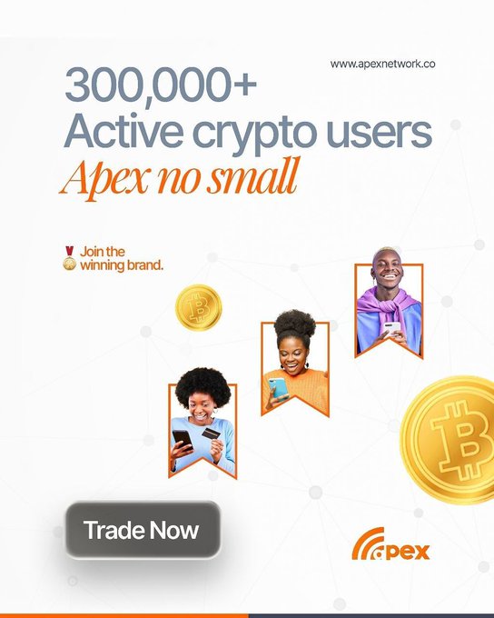 An advertisement for Apex Network (www.apexnetwork.co) featuring the text '300,000+ Active crypto users Apex no small' and 'Join the winning brand,' with a 'Trade Now' button.