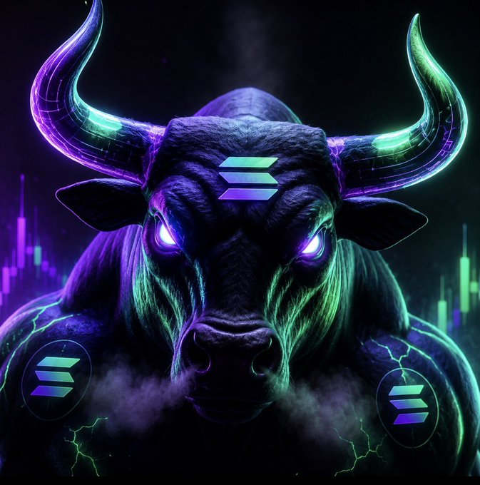 A neon-lit, cyberpunk-style bull with glowing purple and green accents and the Solana logo prominently displayed on its forehead and shoulders, symbolizing bullish momentum for Solana (SOL).