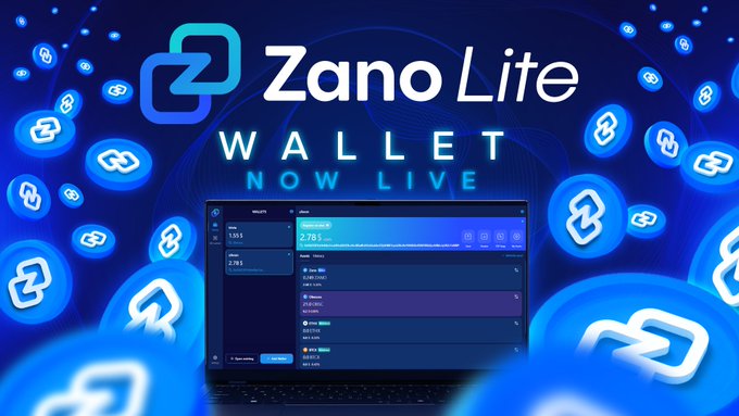 The image features a laptop screen displaying a wallet application called "Zano Lite" with blue circles representing coins scattered around it, indicating that the wallet is currently live and ready for use. The text above the laptop screen reads "Zano Lite Wallet Now Live", suggesting that the wallet has been launched into production and is accessible to users.
