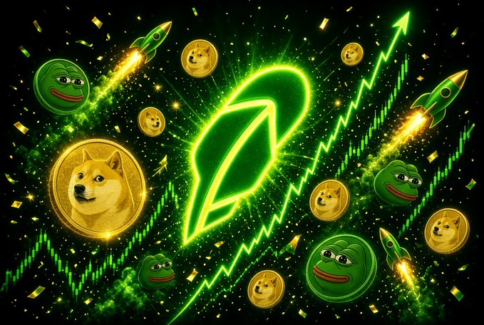 A digital illustration celebrating meme coins with Dogecoin, Pepe coins, rockets, and an upward green chart trend symbolizing a price surge.