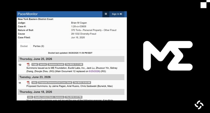 A PacerMonitor screenshot shows a New York Eastern District Court case (1:26-cv-03608) titled "Diversity-Fraud" filed by Judge Brian M Cogan on June 16, 2026, which appears to be the class action lawsuit against Magic Eden and its $ME token referenced in the post.