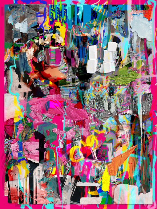 A chaotic, colorful abstract artwork featuring thick paint strokes in pink, blue, green, yellow, and grey, with a bright pink border.