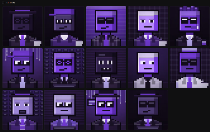 A grid of 14 purple-themed pixel art avatars/NFTs with various facial expressions and accessories like hats and glasses.