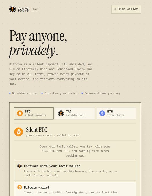 Screenshot of a website titled 'tacit PAY' with the headline 'Pay anyone, privately,' describing Bitcoin, TAC shielded, and ETH payments with options for 'Silent BTC', 'Continue with your Tacit wallet', and 'Bitcoin wallet'.