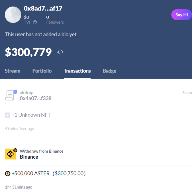 A crypto wallet profile (0x8ad7...af17) shows a recent transaction history including a withdrawal of 500,000 ASTER ($300,750.00) from Binance and an airdrop of an unknown NFT flagged as "Scam," with a total portfolio value of $300,779. The image visually confirms the post's claim about the wallet's large ASTER purchase from Binance, displaying the exact 500,000 token withdrawal worth $300,750 that occurred 1 hour and 31 minutes prior.