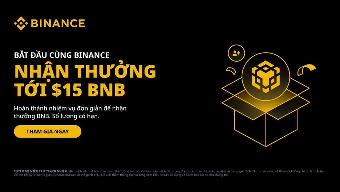 This Binance promotion image highlights "NHẬN THƯỞNG TỚI $15 BNB" (Receive Rewards Up to $15 BNB) and a "THAM GIA NGAY" (Join Now) button, visually complementing the post's offer for new and existing users to earn BNB rewards.