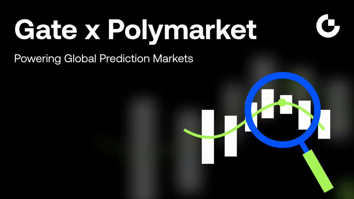 The image shows a graphics interface displaying the title "Gate x Polymarket" at the top. Below the title, there's text explaining that this platform offers real-time insights into the global markets using AI powered predictions. The graphic includes an arrow pointing towards a magnifying glass with a green lens and lines indicating a line graph. These elements are related to the topic of predicting market trends and making informed decisions based on the information.