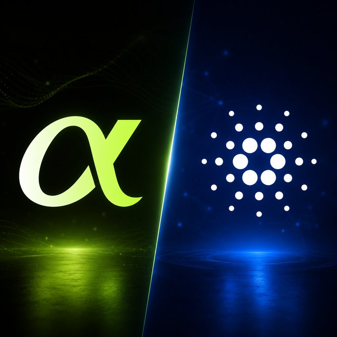 A split image showing a glowing green "α" (alpha) symbol on the left and the white Cardano (ADA) logo on a blue background on the right, representing a partnership or proposal between Alpha Growth and Cardano for external liquidity and DeFi growth.