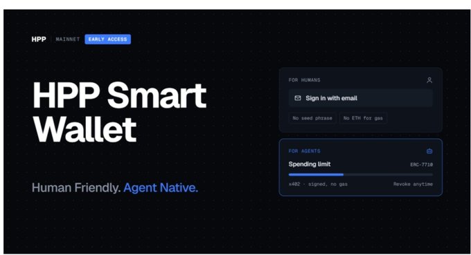 A black promotional page for “HPP Smart Wallet” says “Human Friendly. Agent Native.” and includes panels labeled “FOR HUMANS” and “FOR AGENTS.”