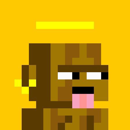 A pixel art illustration depicts a brown, blocky character with wide eyes and a pink tongue sticking out against a yellow background, with a yellow rectangular halo above its head.