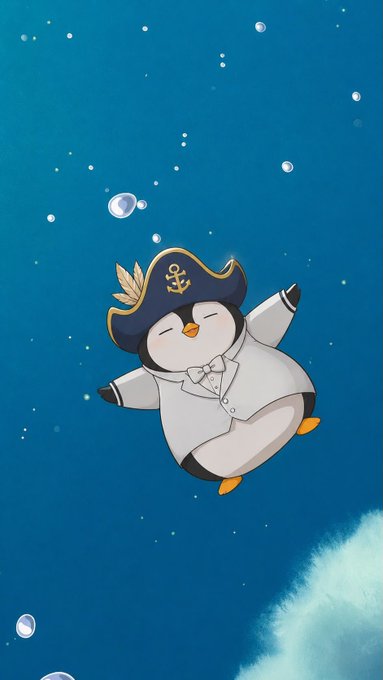 A cute cartoon penguin wearing a captain's hat with an anchor emblem and a white uniform floats upward in blue water surrounded by bubbles.