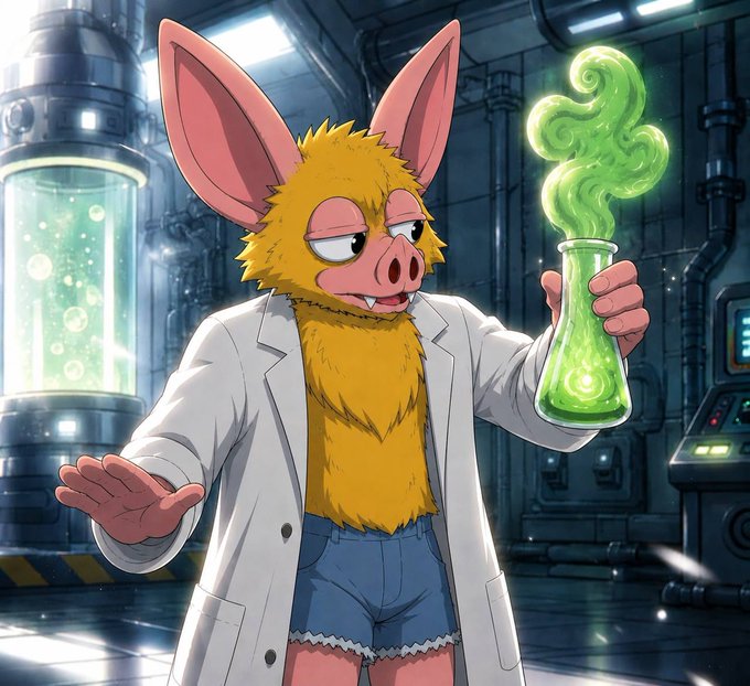 An anthropomorphic bat-like creature in a lab coat holds up a flask of bubbling green liquid, while a large tank of glowing green fluid stands behind it in a high-tech laboratory. The image humorously suggests that something mysterious or experimental is brewing, evoking the sense of "something is happening" through its mad-scientist aesthetic.