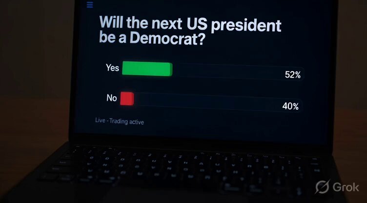 The image shows a laptop screen displaying a survey asking "Will the next US president be a Democrat?". The survey has two options, with one option being "No" and the other being "Yes", both of which are green bars on the screen. The laptop is placed on a table in front of a wooden surface.