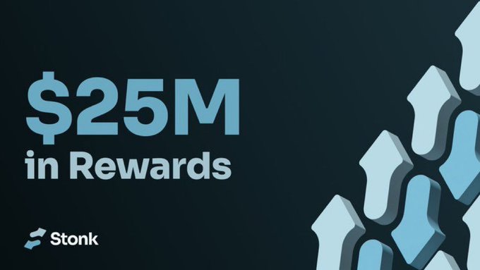 The image features the Stonk logo alongside bold text announcing "$25M in Rewards," promoting StonkFun's reward program. It contrasts with the post's criticism that PumpFun's Stocks pairs actually incentivize wash trading through fee cashback distributions, rather than rewarding long-term holders as StonkFun does.